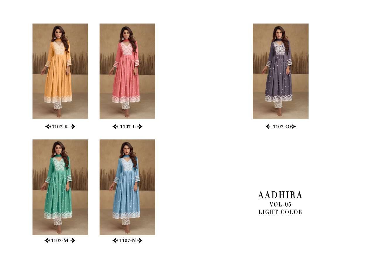 AADHRA VOL 5 LIGHT COLOR PURE RAYON LAKHNAWI WORK NAYRA CUT KURTI WITH COTTON PLAZZO AND DUPATTA BY S3FOREVER BRAND 1107 INDEX